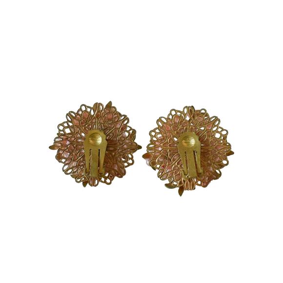 1950s Gold Plate Pink Green Enamel White Rhinestone Floral Cluster Clip Earrings - Picture 2 of 4